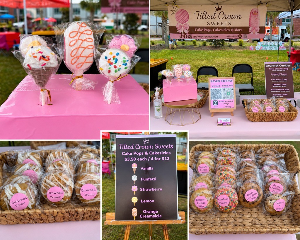 Tilted Crown Sweets booth featuring cake pops, cakesicles, and gourmet cookies